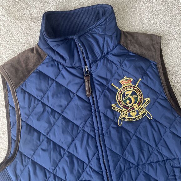 Ralph Lauren Sport Womens Vest S Quilted Crest Crown Logo Suede Trim Equestrian - Picture 1 of 6